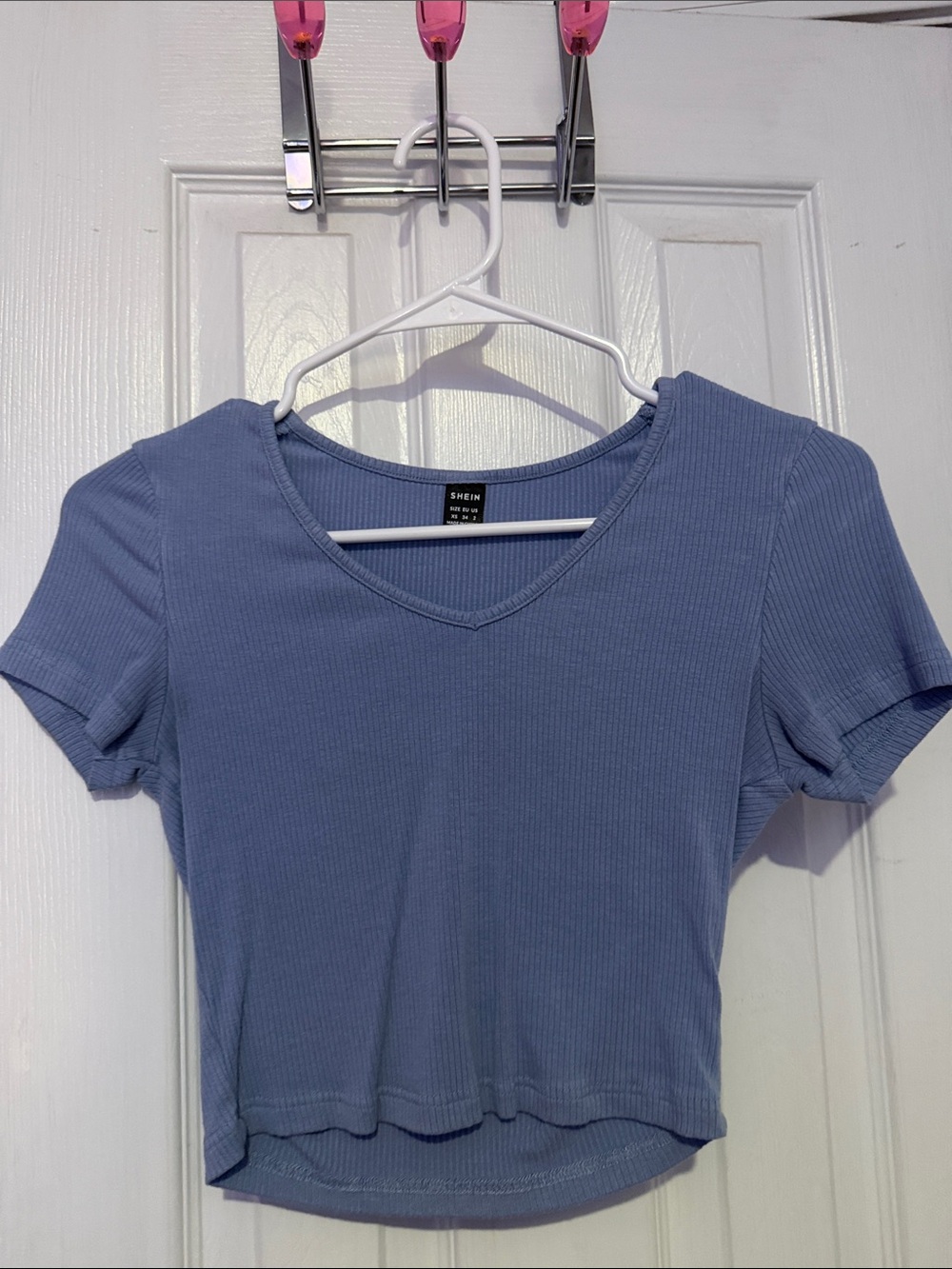 SHEIN Dusty Blue Ribbed V-Neck Crop Top